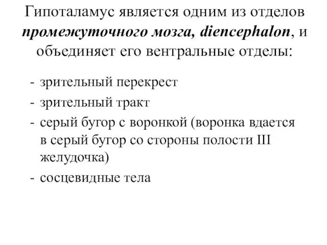 Гипоталамус является одним из отделов промежуточного мозга, diencephalon, и объединяет его вентральные