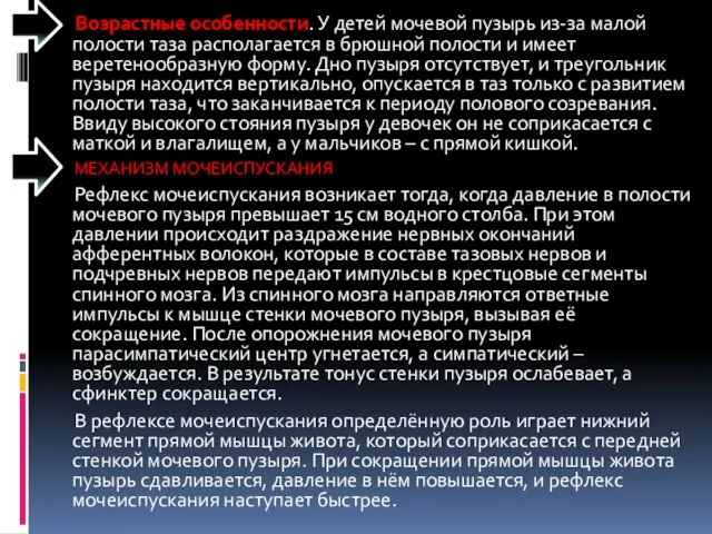 Возрастные особенности. У детей мочевой пузырь из-за малой полости таза располагается в