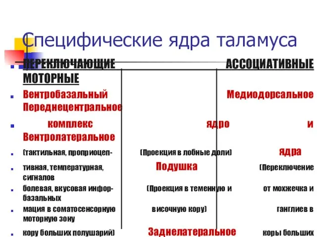 Специфические ядра таламуса ПЕРЕКЛЮЧАЮЩИЕ АССОЦИАТИВНЫЕ МОТОРНЫЕ Вентробазальный Медиодорсальное Переднецентральное комплекс ядро и