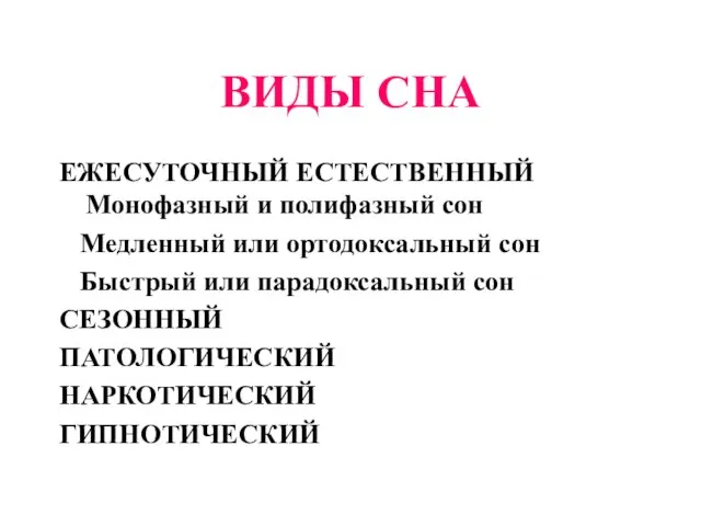 ВИДЫ СНА ЕЖЕСУТОЧНЫЙ ЕСТЕСТВЕННЫЙ Монофазный и полифазный сон Медленный или ортодоксальный сон