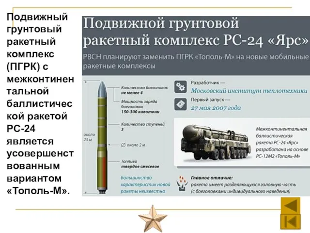 Подвижный грунтовый ракетный комплекс (ПГРК) с межконтинентальной баллистической ракетой РС-24 является усовершенствованным вариантом «Тополь-М».