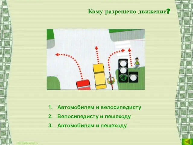 Кому разрешено движение? Автомобилям и велосипедисту Велосипедисту и пешеходу Автомобилям и пешеходу