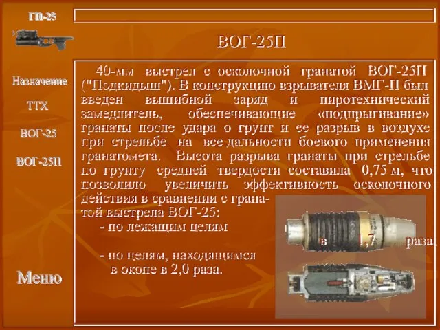 Меню ГП-25 ВОГ-25П 40-мм выстрел с осколочной гранатой ВОГ-25П ("Подкидыш"). В конструкцию