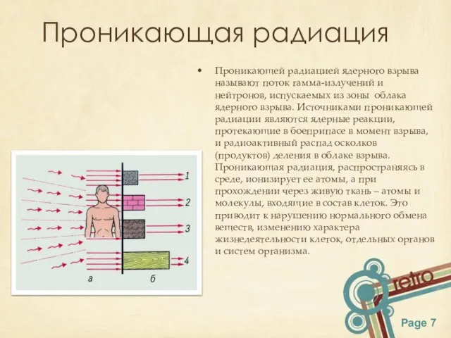 Проникающая радиация Проникающей радиацией ядерного взрыва называют поток гамма-излучений и нейтронов, испускаемых