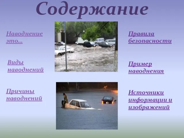 Содержание Наводнение это… Виды наводнений Причины наводнений Правила безопасности Источники информации и изображений Пример наводнения