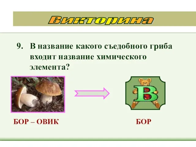 9. В название какого съедобного гриба входит название химического элемента? Викторина БОР – ОВИК БОР