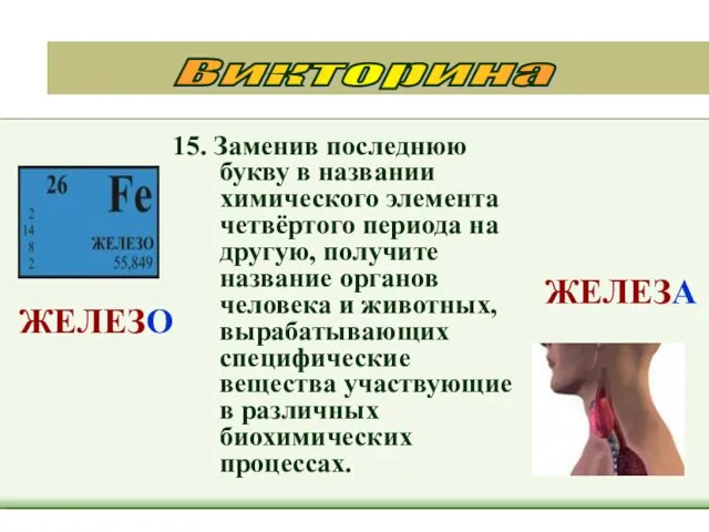 15. Заменив последнюю букву в названии химического элемента четвёртого периода на другую,