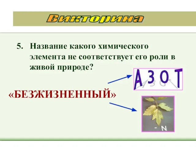 5. Название какого химического элемента не соответствует его роли в живой природе? «БЕЗЖИЗНЕННЫЙ» Викторина