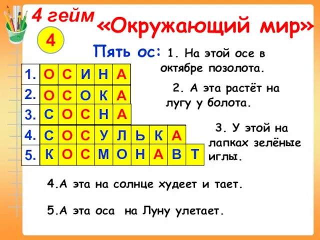 4 гейм «Окружающий мир» 4 Пять ос: 1. На этой осе в