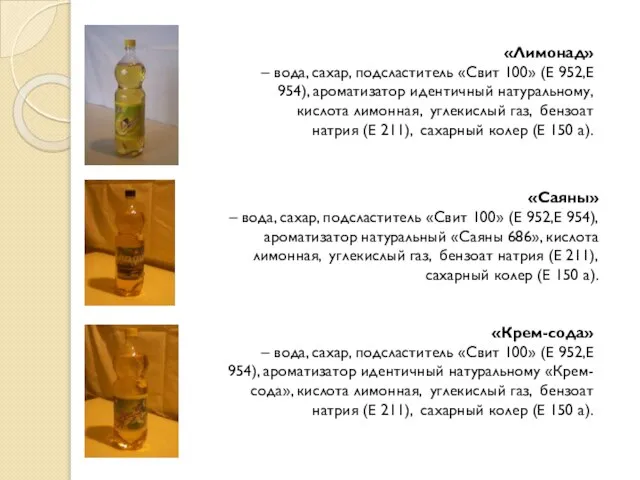 «Лимонад» – вода, сахар, подсластитель «Свит 100» (Е 952,Е 954), ароматизатор идентичный