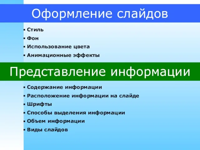 Оформление слайдов Стиль Фон Использование цвета Анимационные эффекты Представление информации Содержание информации