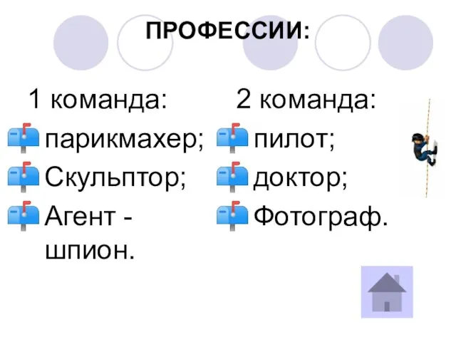 ПРОФЕССИИ: 1 команда: парикмахер; Скульптор; Агент -шпион. 2 команда: пилот; доктор; Фотограф.