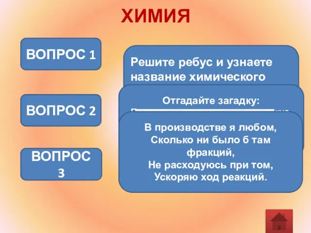 ХИМИЯ Решите ребус и узнаете название химического элемента ВОПРОС 1 ВОПРОС 2