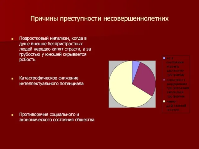 Причины преступности несовершеннолетних Подростковый нигилизм, когда в душе внешне беспристрастных людей нередко