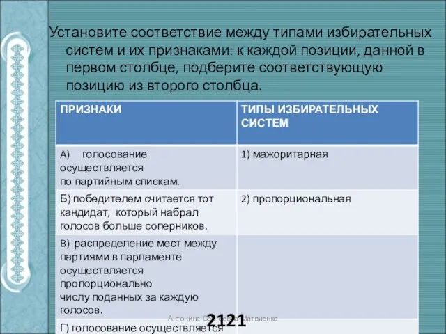 Установите соответствие между типами избирательных систем и их признаками: к каждой позиции,