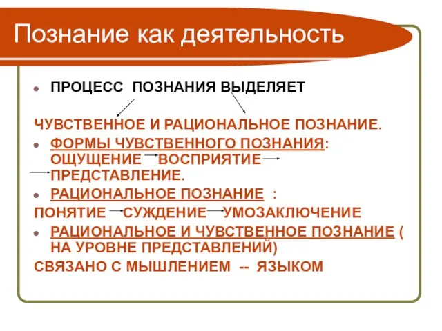 Познание как деятельность ПРОЦЕСС ПОЗНАНИЯ ВЫДЕЛЯЕТ ЧУВСТВЕННОЕ И РАЦИОНАЛЬНОЕ ПОЗНАНИЕ. ФОРМЫ ЧУВСТВЕННОГО