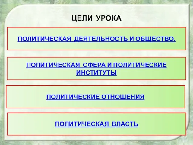 ЦЕЛИ УРОКА ПОЛИТИЧЕСКАЯ ДЕЯТЕЛЬНОСТЬ И ОБЩЕСТВО. ПОЛИТИЧЕСКАЯ СФЕРА И ПОЛИТИЧЕСКИЕ ИНСТИТУТЫ ПОЛИТИЧЕСКИЕ ОТНОШЕНИЯ ПОЛИТИЧЕСКАЯ ВЛАСТЬ