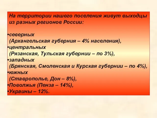 На территории нашего поселения живут выходцы из разных регионов России: северных (Архангельская