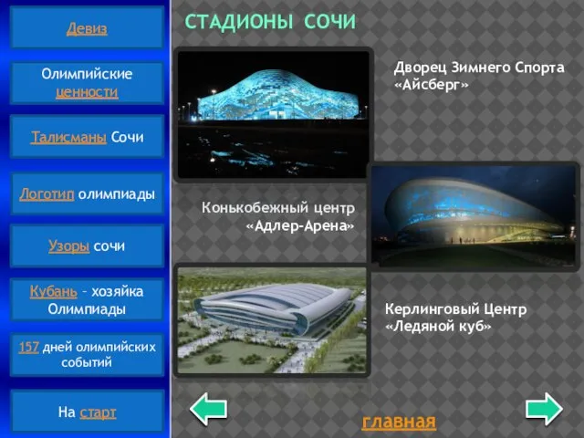 главная СТАДИОНЫ СОЧИ Дворец Зимнего Спорта «Айсберг» Конькобежный центр «Адлер-Арена» Керлинговый Центр