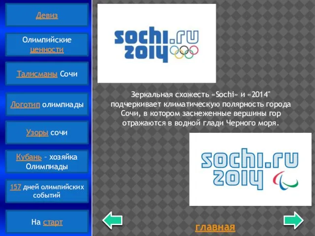 главная Зеркальная схожесть «Sochi» и «2014″ подчеркивает климатическую полярность города Сочи, в