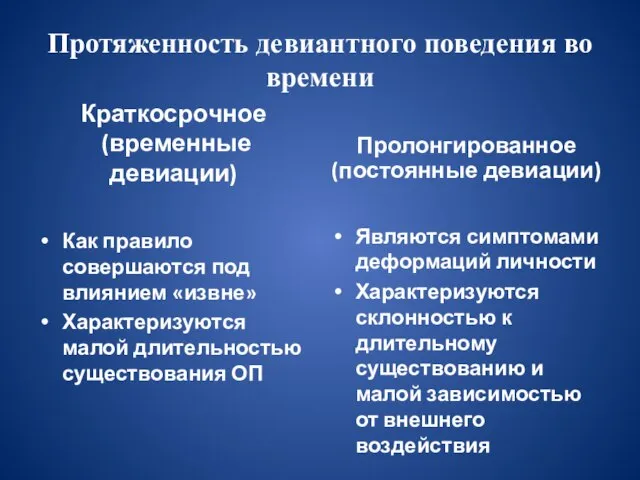 Протяженность девиантного поведения во времени Краткосрочное (временные девиации) Как правило совершаются под