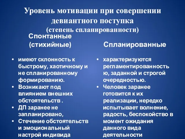 Уровень мотивации при совершении девиантного поступка (степень спланированности) Спонтанные (стихийные) имеют склонность