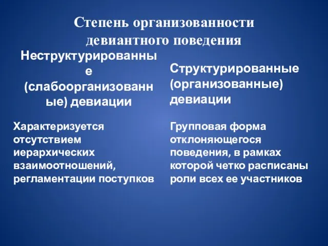 Степень организованности девиантного поведения Неструктурированные (слабоорганизованные) девиации Характеризуется отсутствием иерархических взаимоотношений, регламентации