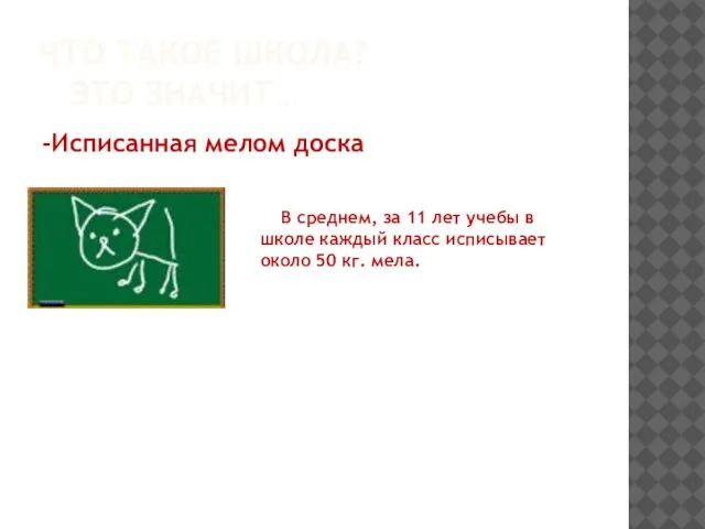 ЧТО ТАКОЕ ШКОЛА? ЭТО ЗНАЧИТ… -Исписанная мелом доска В среднем, за 11