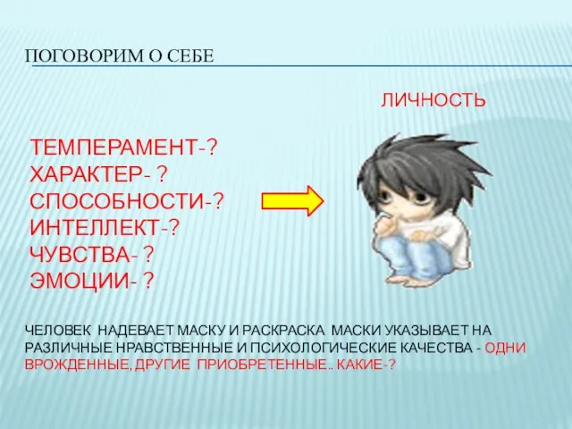 ПОГОВОРИМ О СЕБЕ ТЕМПЕРАМЕНТ-? ХАРАКТЕР- ? СПОСОБНОСТИ-? ИНТЕЛЛЕКТ-? ЧУВСТВА- ? ЭМОЦИИ- ?