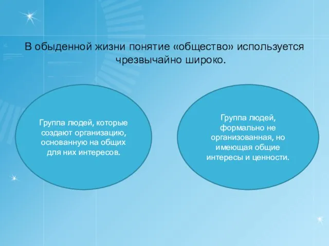 В обыденной жизни понятие «общество» используется чрезвычайно широко. Группа людей, которые создают