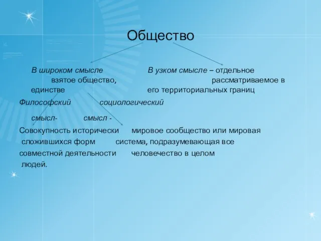 Общество В широком смысле В узком смысле – отдельное взятое общество, рассматриваемое