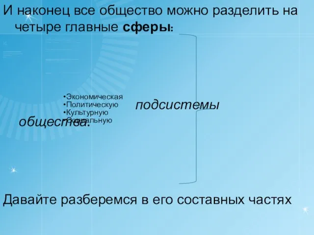 И наконец все общество можно разделить на четыре главные сферы: подсистемы общества.