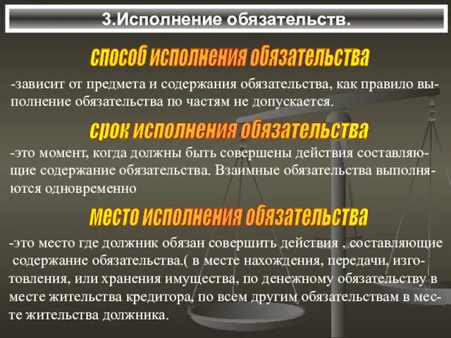 3.Исполнение обязательств. способ исполнения обязательства -зависит от предмета и содержания обязательства, как