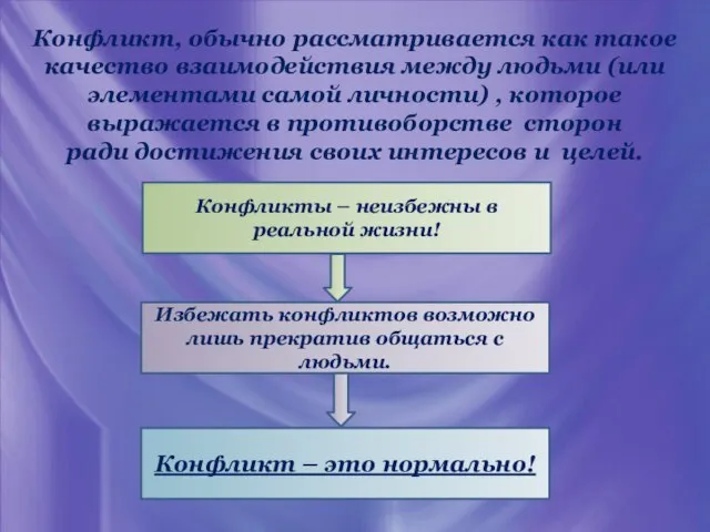 Конфликт, обычно рассматривается как такое качество взаимодействия между людьми (или элементами самой