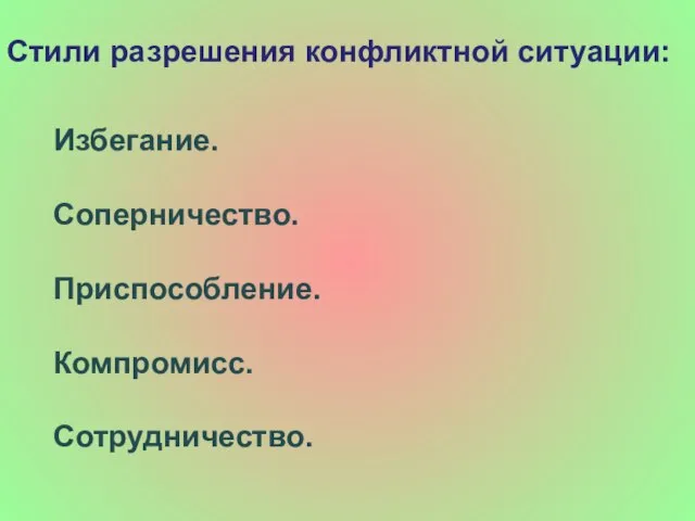 Стили разрешения конфликтной ситуации: Избегание. Соперничество. Приспособление. Компромисс. Сотрудничество.