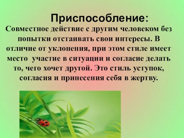 Приспособление: Совместное действие с другим человеком без попытки отстаивать свои интересы. В