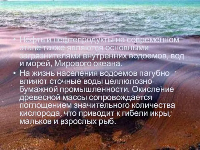 Нефть и нефтепродукты на современном этапе также являются основными загрязнителями внутренних водоемов,