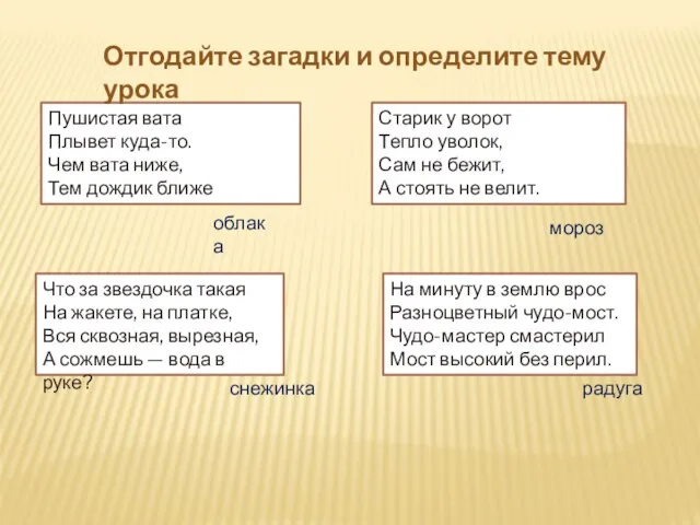 Пушистая вата Плывет куда-то. Чем вата ниже, Тем дождик ближе Что за