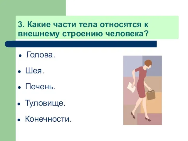 3. Какие части тела относятся к внешнему строению человека? Голова. Шея. Печень. Туловище. Конечности.