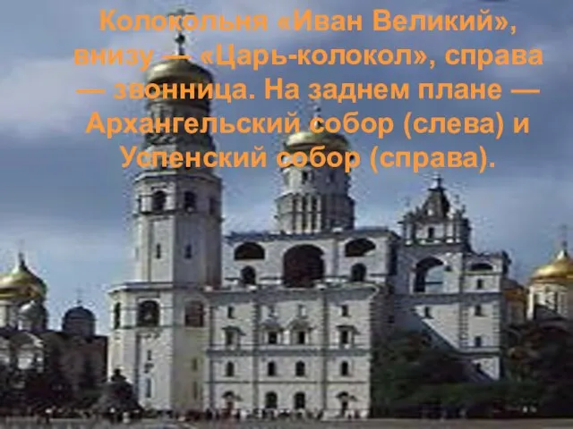 Колокольня «Иван Великий», внизу — «Царь-колокол», справа — звонница. На заднем плане