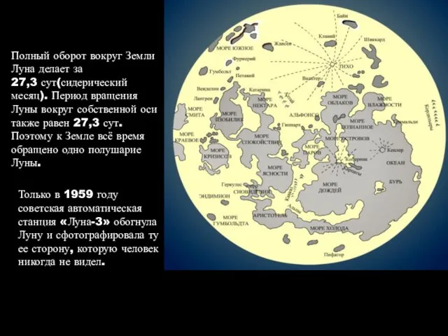 Полный оборот вокруг Земли Луна делает за 27,3 сут(сидерический месяц). Период вращения