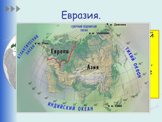 Евразия. Это самый большой материк на Земле. Евразия так велика, что её