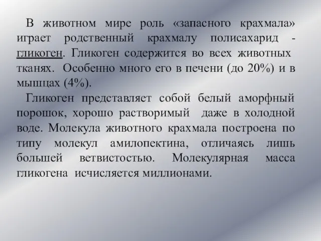 В животном мире роль «запасного крахмала» играет родственный крахмалу полисахарид - гликоген.