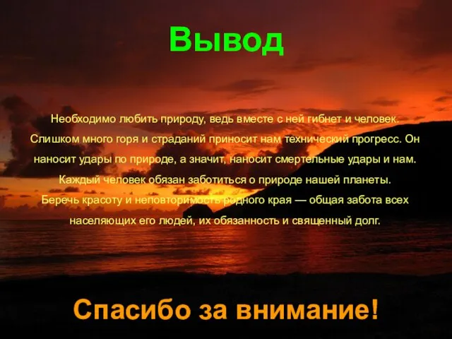 Вывод Необходимо любить природу, ведь вместе с ней гибнет и человек. Слишком