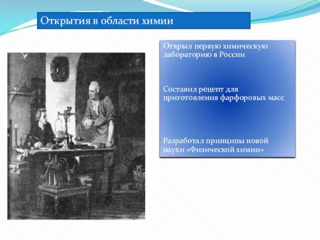 Открытия в области химии Открыл первую химическую лабораторию в России Составил рецепт