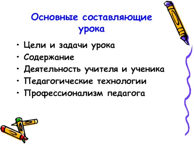 Цели и задачи урока Содержание Деятельность учителя и ученика Педагогические технологии Профессионализм педагога Основные составляющие урока