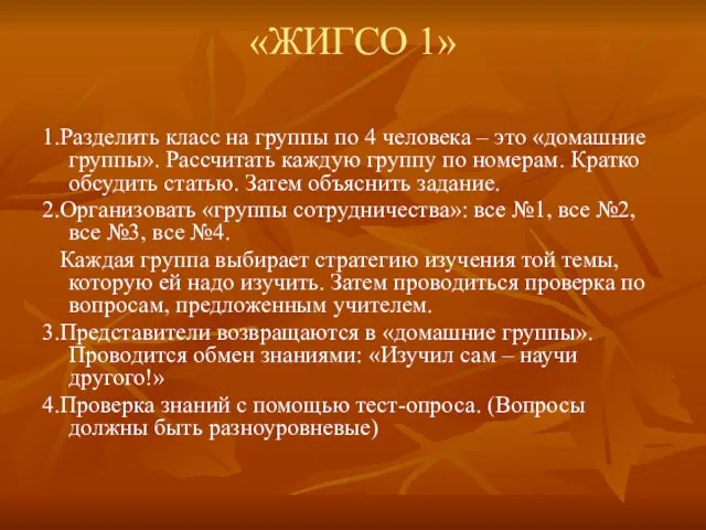 «ЖИГСО 1» 1.Разделить класс на группы по 4 человека – это «домашние