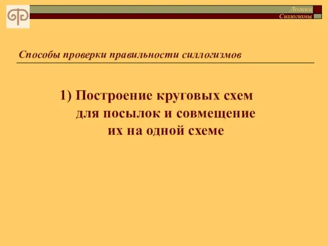 Способы проверки правильности силлогизмов 1) Построение круговых схем для посылок и совмещение