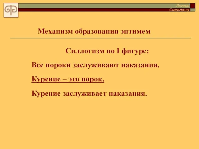 Силлогизм по I фигуре: Все пороки заслуживают наказания. Курение – это порок.