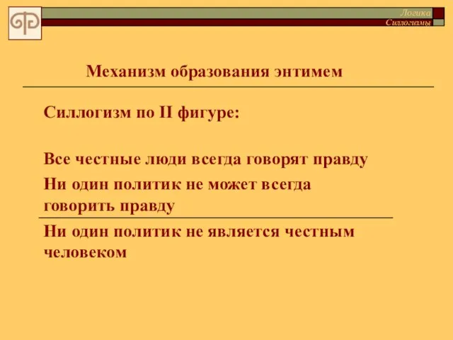 Силлогизм по II фигуре: Логика Силлогизмы Механизм образования энтимем